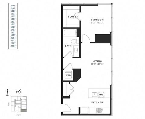 Floor plan for 1 bed, 1 bath, 708 sqft